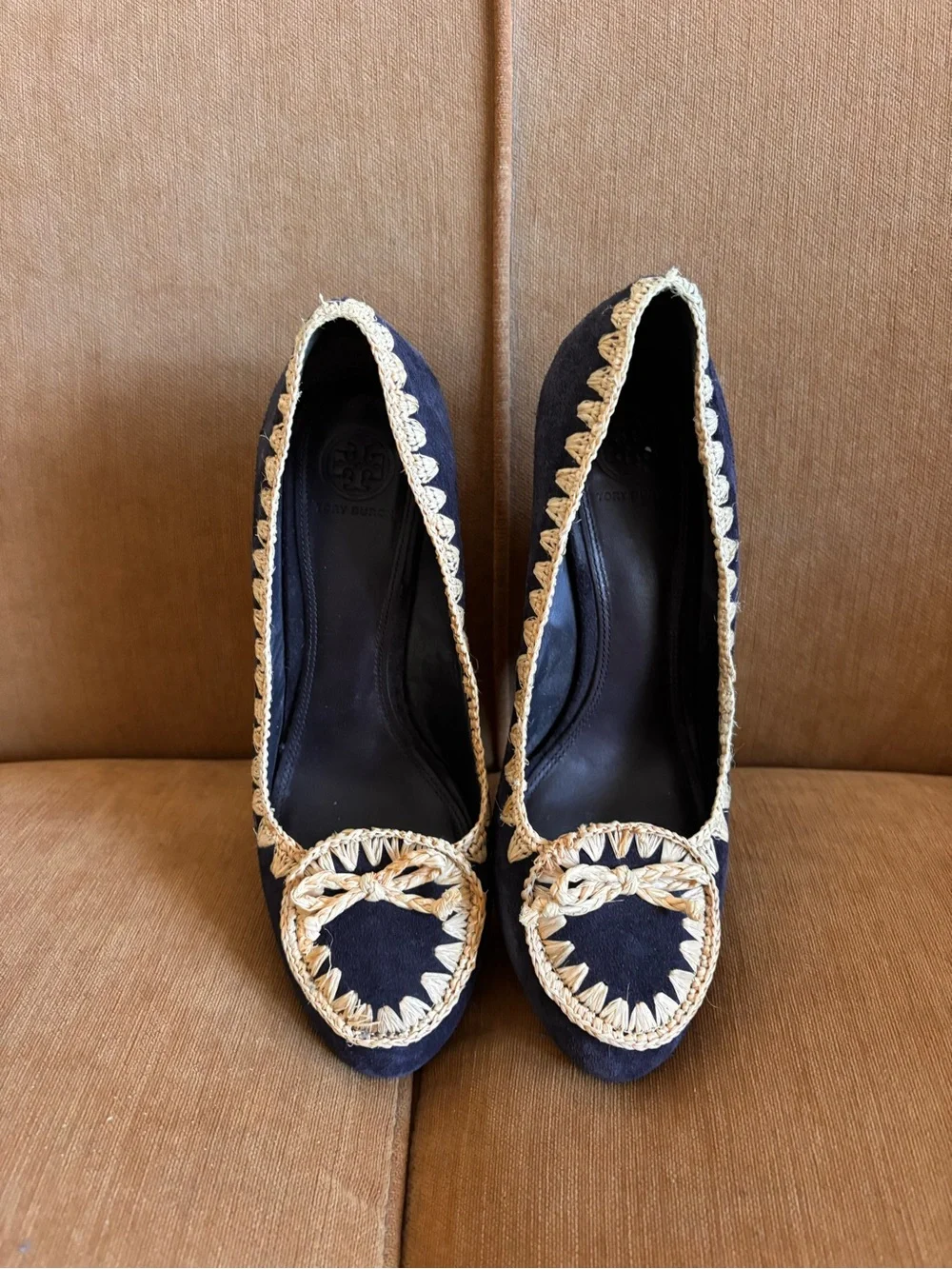 Tory Burch Navy Suede Wedge Espadrilles with Natural Trim